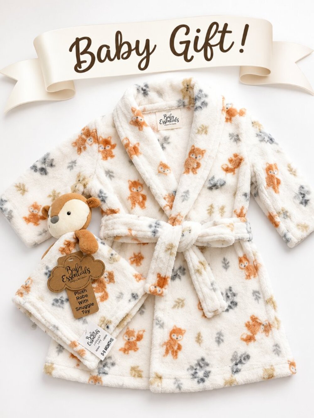 NWT Baby Essentials Plush Fox Robe & Lovey Set 0-9 Months Baby Boy Soft Gift